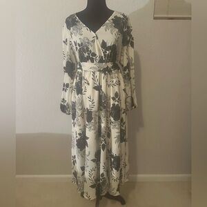 BloomChic Floral Print Lantern Sleeve Pocket Split Belted Dress
